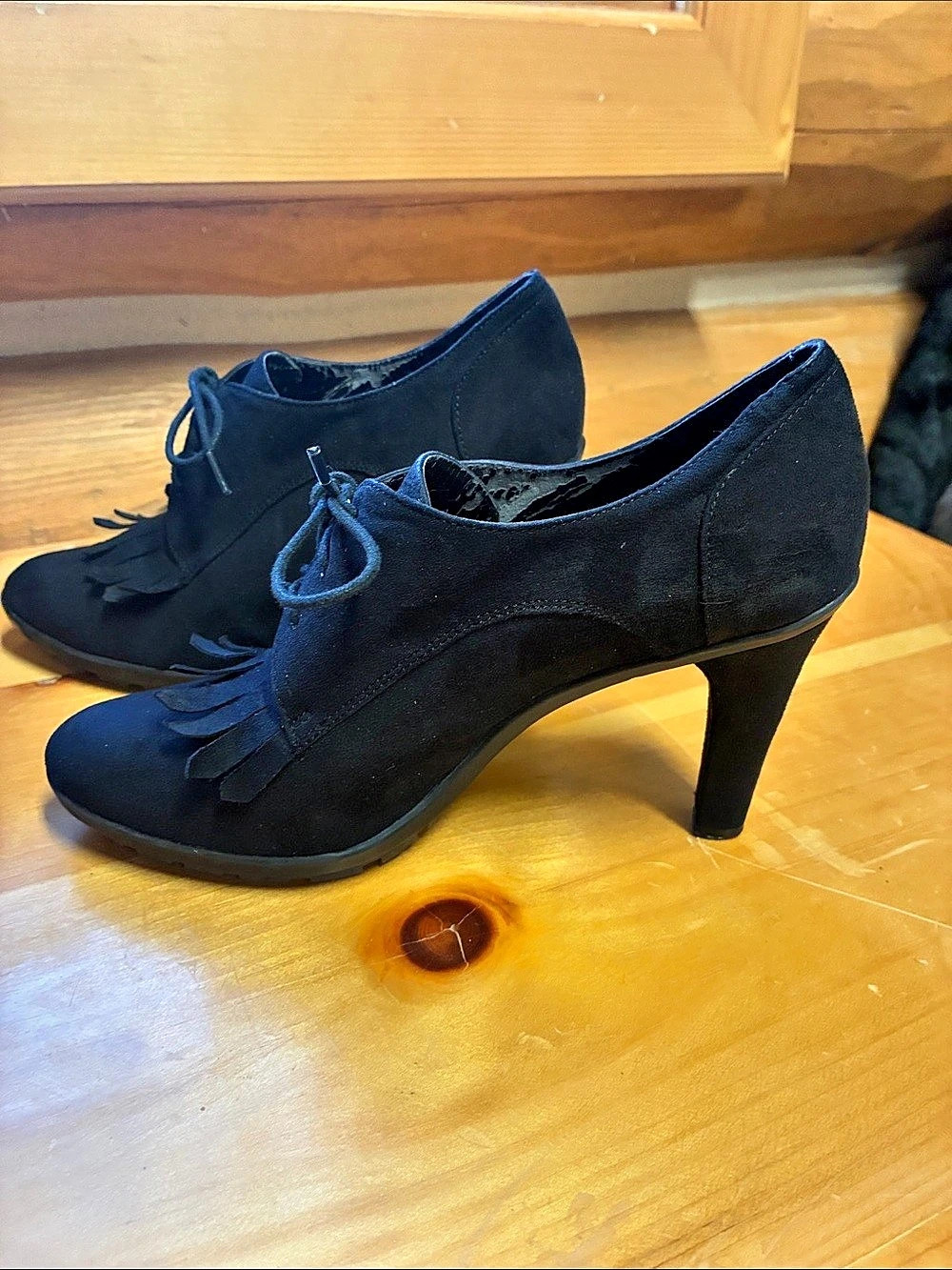 Tahari Black Fringe Lace-Up Heels